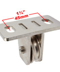 Side view of 4 Pcs 1-3/8" Pulley Block, Single Bearing Silent for 3/16" Cord, Max Load 330 lb, showing nickel-plated steel material