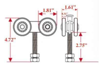 Silent Four Wheel Trolley Assembly For One And Three Quarter Inch Wide And Two And Quarter Inch Tall Shed Doors, front view