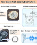 Diagram of four silent high load rubber wheels with brake size, ball bearing, four claw fixation, low noise movement.