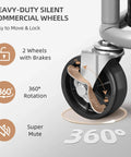 Close-up of an industrial laundry cart wheel, with a 360° rotation, brakes, and a durable black frame, suitable for hotels and laundries.