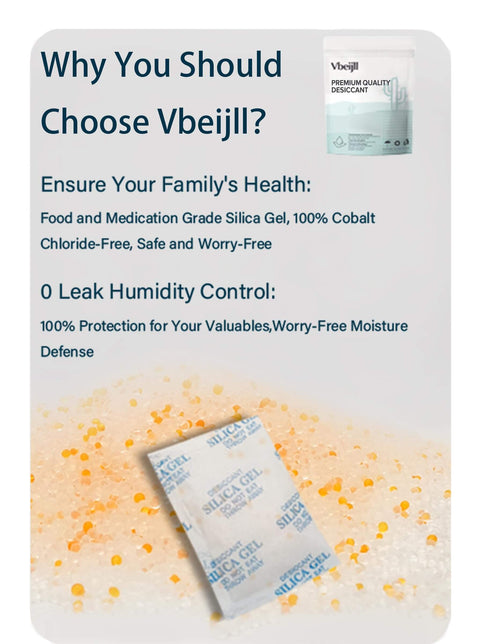 Color Indicating Silica Gel Desiccant Packets 5G 50 Pack Food Grade for Moisture Control with packet on silica beads background