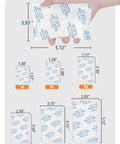 Hand holding Color Indicating Silica Gel Desiccant Packets 5G 50 Pack Food Grade for Moisture Control in various sizes.