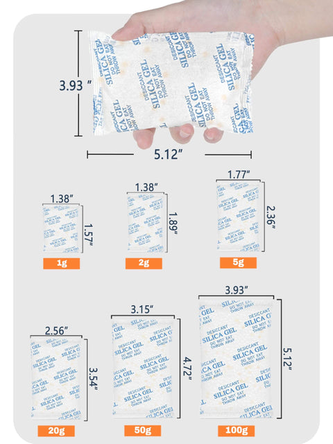 Hand holding Color Indicating Silica Gel Desiccant Packets 5G 50 Pack Food Grade for Moisture Control in various sizes.