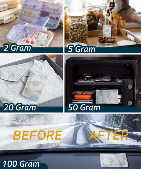 Color Indicating Silica Gel Desiccant Packets 5G 50 Pack Food Grade for Moisture Control in various storage sizes and uses.