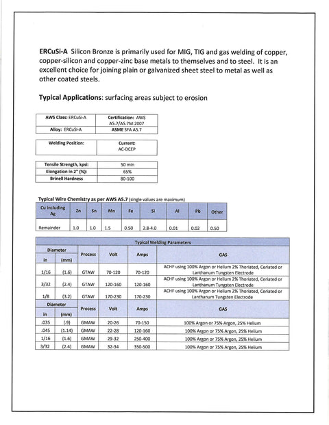 Silicon Bronze TIG Rod Three Thirty Second By Thirty Six Inch One Pound Tube specification sheet for welding stainless steel and aluminum.