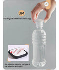 Person holding a silicone door knob wall protector on a water bottle, with 3M adhesive backing shown, titled 'Strong adhesive backing'.