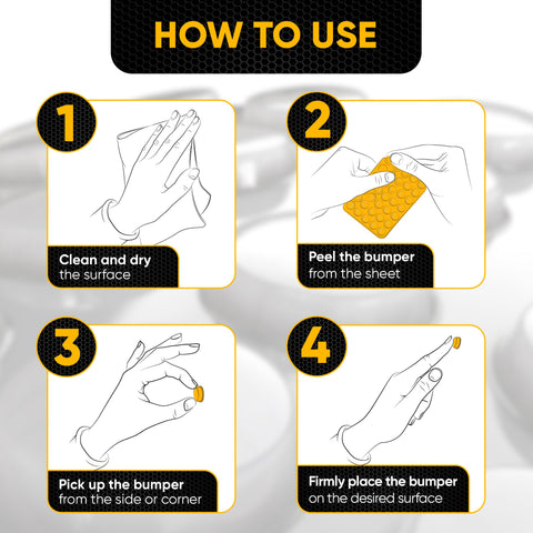 Instructional steps for using Clear Silicone Cabinet Door Bumpers For No More Noisy Slams Self Adhesive Pads For Quiet Soft Close Drawers And Cabinets Kitchen Sound Dampening Jelly Buttons Easy Install Noise Reduction.