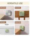 Various uses of the Door Stop Wall Protector Set Of 6 with 0.4 inch square soft rubber bumpers on table, sofa, toilet, and cabinet.