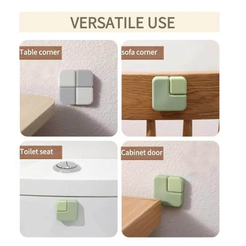 Various uses of the Door Stop Wall Protector Set Of 6 with 0.4 inch square soft rubber bumpers on table, sofa, toilet, and cabinet.
