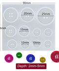 4 Pack Round Button Silicone Molds TuNan Set for Resin Casting in 7 Sizes 10mm to 30mm, with depth details and colorful buttons.