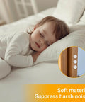 Clear Self Adhesive Cabinet Bumpers For Kitchen Cabinets And Doors reduce noise; shown on wood cabinet while child sleeps peacefully.