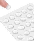 240 Piece Self Adhesive Cabinet Door Bumpers One Half Inch Clear Silicone Cushions with finger showing size and thickness