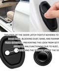 8 Pack Silicone Car Door Latch Protective Covers With Self Adhesive Door Shock Absorbers Upgraded Silencers Universal Guard Pads for quiet opening and closing shown installed on a car door.
