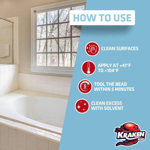 Clear Silicone Caulk Sealant For Kitchen And Bathroom, 100 Percent Silicone, Waterproof And Anti Shrink, Crystal Clear Finish For Shower Sink Tub Tile And Countertops, Invisible Joint Sealing, Easy Application, 12 Pack 10.1 Fl Oz Each instructions on wall near bathtub.