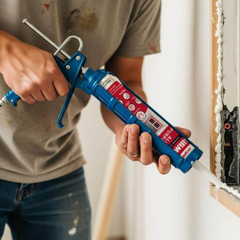 Person using All Purpose Silicone Caulk Clear Sealant For Bathrooms And Showers Waterproof RTV Silicone Sealant 9.5 Fl Oz Cartridge