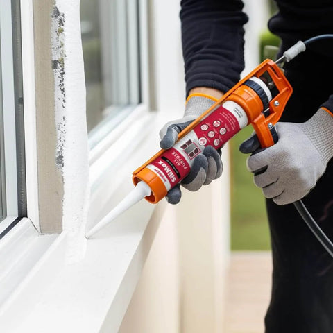 Person applying All Purpose Silicone Caulk Clear Sealant For Bathrooms And Showers Waterproof RTV Silicone Sealant Tub And Shower Grade 9.5 Fl Oz Cartridge 12 Pack For Long Lasting Bond on a window ledge using a caulk gun.