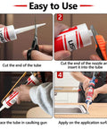 Steps to use Pro Grade Advanced Silicone Caulk For Kitchen And Bathroom 10 Fl Oz Cartridges, showing cutting and applying process.