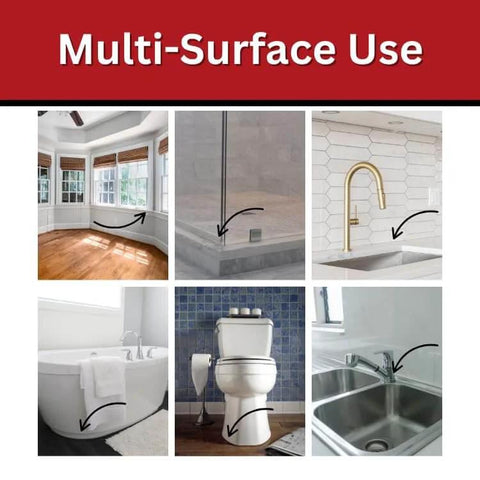 Image showing All Purpose Silicone Caulk Clear Sealant For Bathrooms And Showers Waterproof RTV Silicone Sealant in use on windows, shower, sink, bathtub, toilet, and kitchen sink.