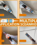 100 Percent Silicone Caulk Waterproof RTV Sealant All Purpose Caulking For RV Roofs Doors Kick Plates And Vintage Furniture 10.1 Oz Quick Dry In 30 Minutes Full Cure In 48 Hours Meets ASTM C920 Standard being applied in various settings showing versatility in application.