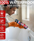 Applying Pro Grade Advanced Silicone Caulk For Kitchen And Bathroom 10 Fl Oz Cartridges 12 Pack to bathtub seal with caulking gun.