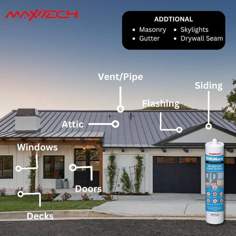 Image showing various uses of Premium 100 Percent Silicone Caulk For Windows And Doors White Weatherproof RTV Sealant For Indoor And Outdoor Use Easy Apply No Mess Caulking Adhesive 9.5 Oz Cartridge 12 Pack on a house.