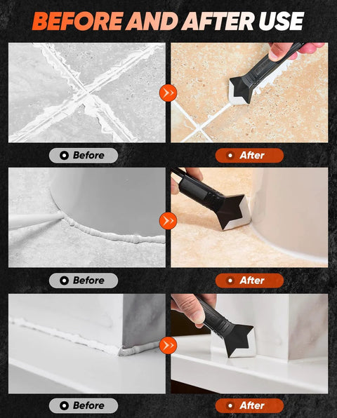 Before and after use of Silicone Caulking Tools 3 In 1 Finishing Tool For Sealant Grout Removal Scraper With Stainless Steel Head