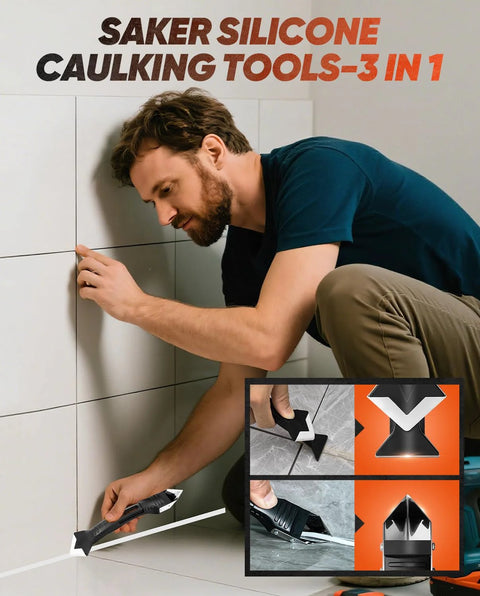 Person using Silicone Caulking Tools 3 In 1 Finishing Tool for Sealant Grout Removal Scraper with Stainless Steel Head on tiles