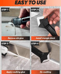 Silicone Caulking Tools 3 In 1 Finishing Tool for Sealant Grout Removal Scraper with Stainless Steel Head in use for DIY projects.