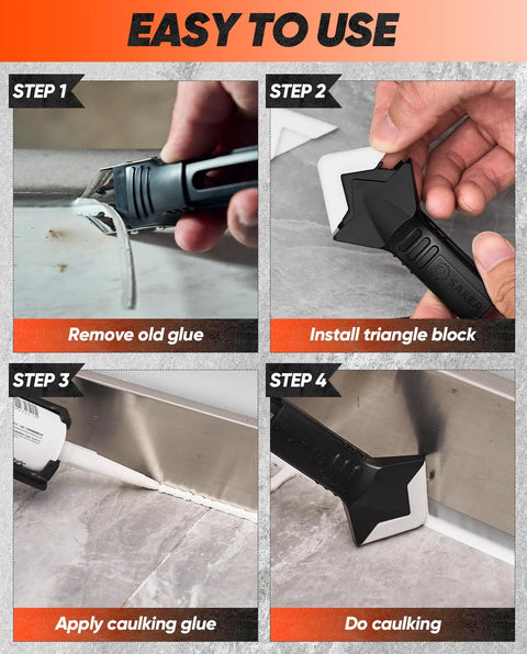 Silicone Caulking Tools 3 In 1 Finishing Tool for Sealant Grout Removal Scraper with Stainless Steel Head in use for DIY projects.