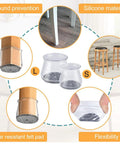 Image showing 32 Pack Silicone Chair Leg Protectors with Built In Felt Pads for scratch free floors, illustrating L and S sizes for chair legs.