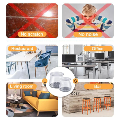 Infographic showing benefits of 32 Pack Silicone Chair Leg Protectors With Built In Felt Pads For Scratch Free Floors Noise Free Movement And Easy Smooth Gliding Fits Round Chair Legs From 1.31 To 2.00 Inches Diameter And Square From 1.19 To 1.56 Inches in various settings like restaurant, office, living room, and bar.