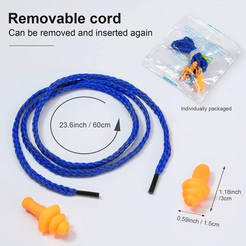 Blue cord and orange ear plugs with dimensions, showing Reusable Silicone Corded Ear Plugs Two Bags Of 100 Pairs Each Individually Wrapped Hearing Protection For Sleep Work Construction Shooting And Sports Noise Reduction With Comfortable Fit In Blue And Orange
