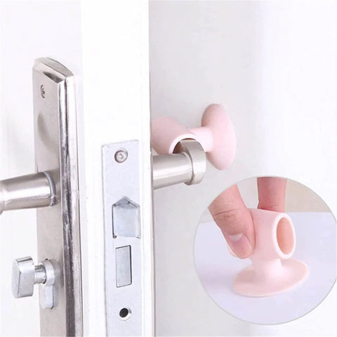Soft silicone anti-collision door protection pads with a suction cup installed on door handle to protect wall from impact.