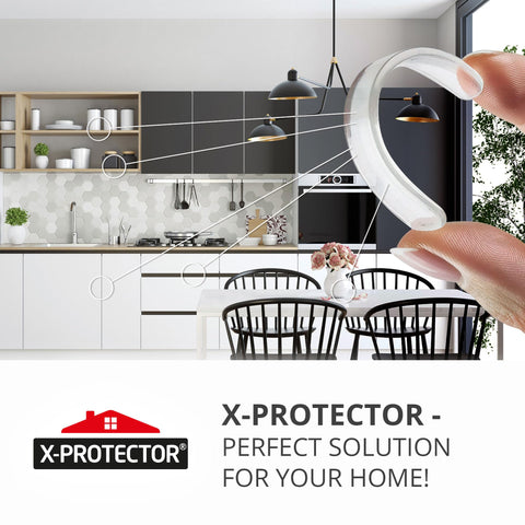 Hand holding a clear silicone bumper in a kitchen setting, labeled X-Protector, with focus on 40 Pack Clear Cabinet Door Bumpers That Say No More Slams.