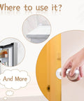 Six Pack Clear Silicone Door Stoppers for Walls Self Adhesive Door Bumpers shown in use on different surfaces including a door.