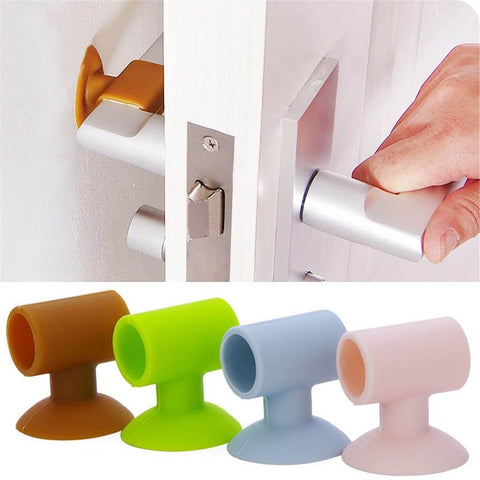 Soft silicone anti collision door pads with suction cup attachment protect walls and cabinets, cushion door impact, visible in set of four colors.