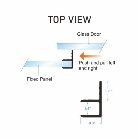 Top view illustration of silicone sliding glass door side seal strip for frameless showers, showing 1/4 inch thickness, adhesive installation.