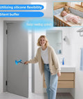 Woman demonstrating Silicone Door Stopper Pad With No Drill Bumper Guard For Handles, Strong Suction Prevents Slams And Noise in bathroom.