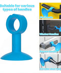 Silicone Door Stopper Pad With No Drill Bumper Guard For Handles in blue, showing universal fit for flat, window, square, and circular handles.