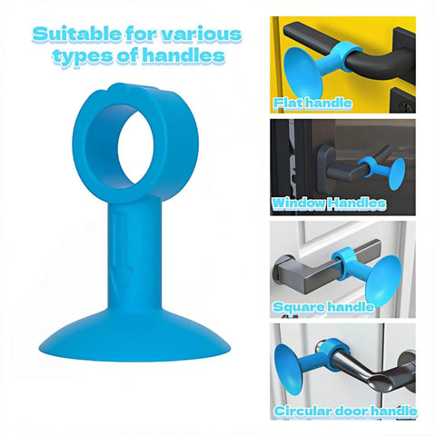 Silicone Door Stopper Pad With No Drill Bumper Guard For Handles in blue, showing universal fit for flat, window, square, and circular handles.
