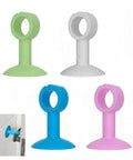 Set of four Silicone Door Stopper Pad With No Drill Bumper Guard For Handles, shown in green, gray, blue, and pink colors.