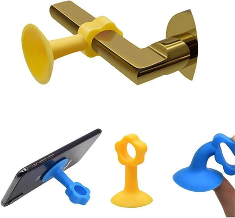 Silicone Door Stopper Bumper Pad And Wall Protector For Soft Closing Doors And Cabinets Reduces Noise And Impact Protects Walls Provides Gentle Cushioning And Easy Mounting With Suction Cup For Tile Surfaces And Handy Phone Holder, shown in different colors and uses.