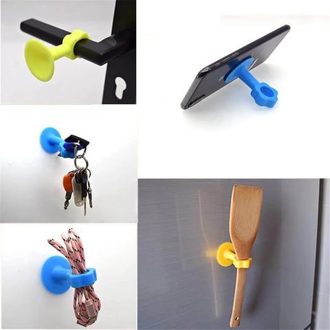 Silicone Door Stopper Bumper Pad And Wall Protector with Suction Cup showing various uses as holder for phone, keys, and utensils.