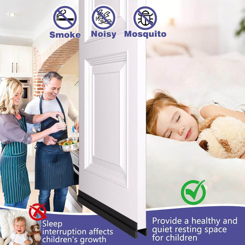 Adjustable Door Sweep For Bottom Of Door Made From Thick Silicone Weather Stripping That Keeps Drafts And Noise Out Durable Under Door Gap Filler For Interior And Exterior Doors Low Friction No Slip Felt Black 39 Inch installed on door with family in kitchen