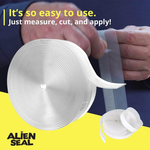 Close-up of Alien Draft Seal Set of 49 Feet Anti-Draft Adhesive and Flexible Flap for sealing doors and windows, with hand applying seal.