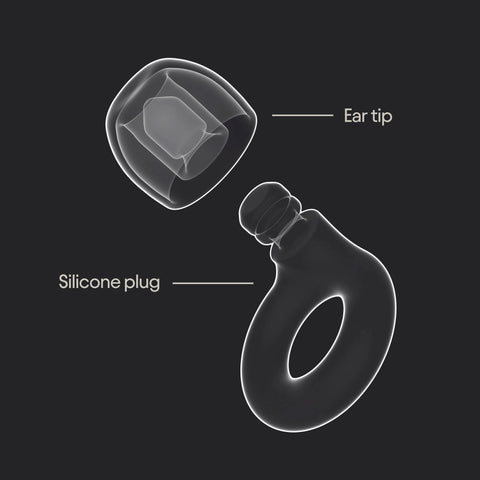 Ultra Comfortable Reusable Ear Plugs With 24 Decibel SNR Noise Reduction flexible silicone plug and ear tip diagram