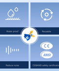 Infographic of 100 Pairs Silicone Ear Plugs With Cord For Reusable Hearing Protection And 32 Decibels Noise Reduction features.
