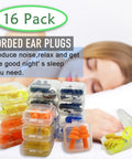 Noise Reducing Sleep Ear Plugs Set 16 Pairs Soft Reusable Silicone Earplugs With NRR 32; includes various colors in cases.