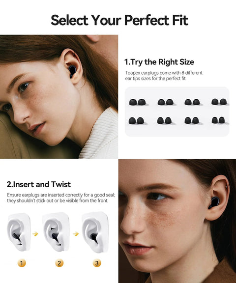 Silicone Earplugs For Sleeping With Forty Five Decibel Noise Reduction Reusable Ear Plugs For Snoring And Sleep Ideal For Side Sleepers And Travel Great For Planes And Concerts Includes Eight Replacement Tips Comfortable Durable Design; woman using earplugs; instructions on selecting the right size and insertion.