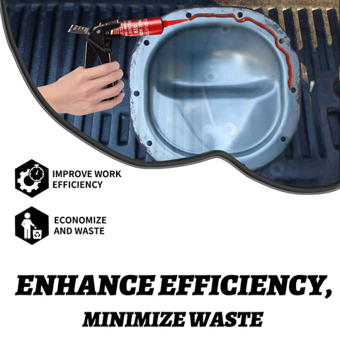 Tube Extrusion Tool Efficient RTV And Silicone Dispenser That Maximizes Material In Every Tube And Prevents Waste For DIY Friendly Pro Grade Cleaner Quieter Mess Free Projects At Home Or On The Job depicted applying sealant around a metallic surface.